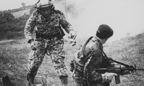 A Turkish para-rescueman prepares to evacuate a “downed” Turkish pilot