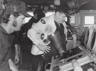 Rear Admiral Wayne E. Meyer on the bridge of the PCU Ticonderoga