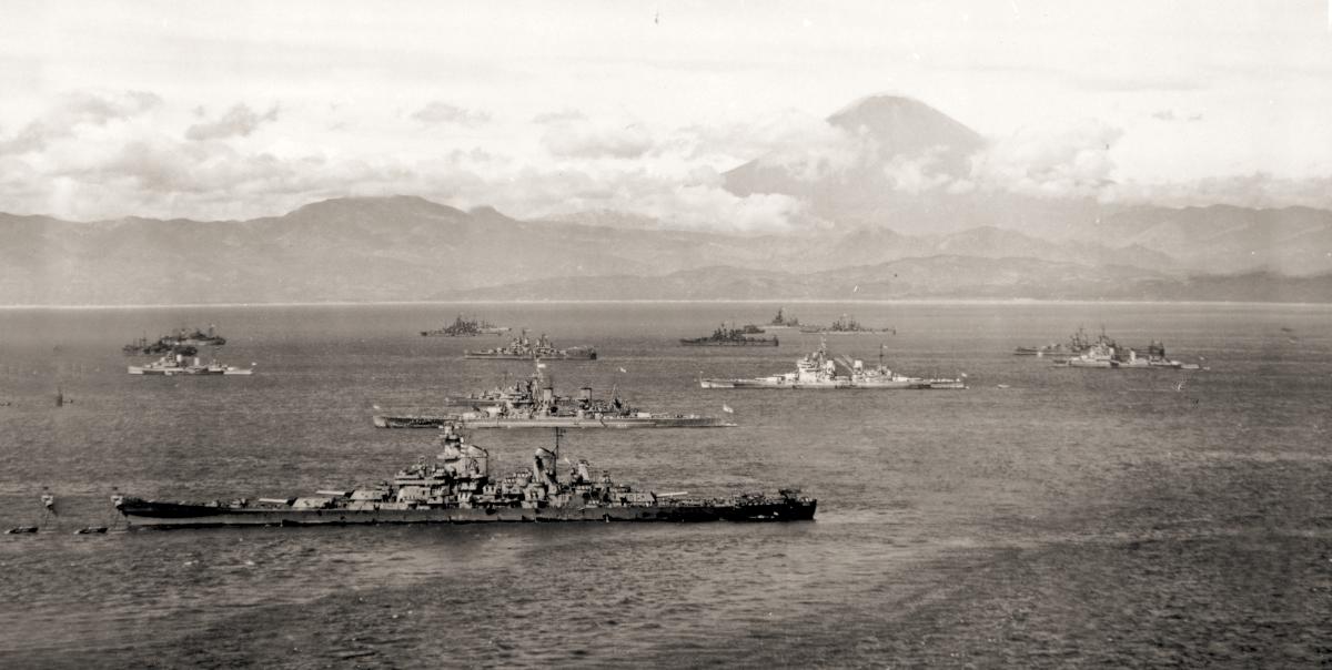U.S. and British warships in Sagami Bay, Japan, in the final days of World War II. Naval Institute Photo Archive.
