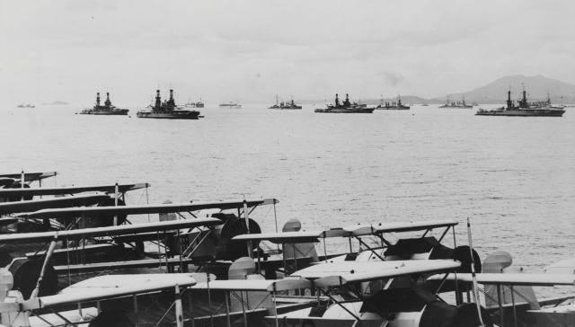 February 1929, participating elements of the U.S. fleet anchor in Panama Bay