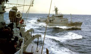 Icelandic gunboat Ægir sails past the Royal Navy HMS Scylla