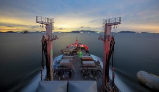 The HMNZS Aotearoa approaches the port of Kure, Japan.