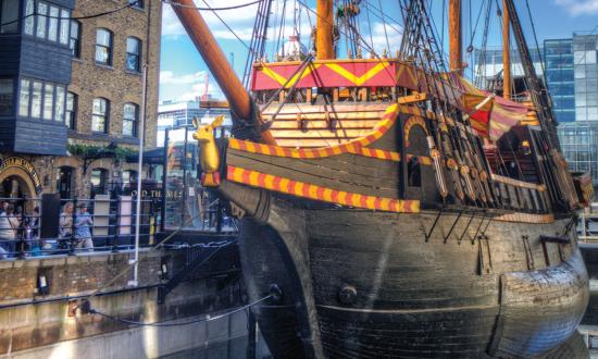 The replica Golden Hinde is berthed at St Mary Overie Dock in London.
