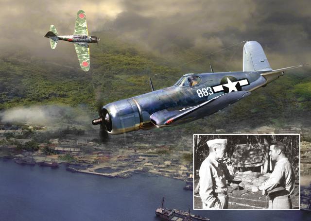 v27 December 1943: U.S. Marine Corps Major “Pappy” Boyington maneuvers into position against an A6M2 Zero over the Japanese bastion of Rabaul; the neutralizing of Rabaul caps off Admiral Halsey’s victorious push across the South Pacific from Guadalcanal. Inset: Shortly after becoming ComSoPac in late 1942, “Bull” Halsey visits the 1st Marine Division on Guadalcanal; here, he confers with Colonel Gerald C. Thomas.