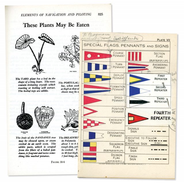 Two pages from the Bluejacket's Manual showing edible plants and signal pennants